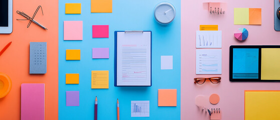 Flat-lay composition of marketing tools, including reports, sticky notes, and mobile devices, representing the process of analyzing and applying market segmentation.