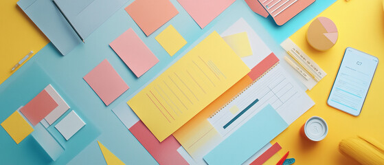 Flat-lay composition of marketing tools, including reports, sticky notes, and mobile devices, representing the process of analyzing and applying market segmentation.