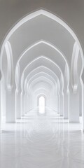 Fototapeta premium A long white hallway with arched ceilings. The ceiling is white and the floor is white. There are no people in the hallway