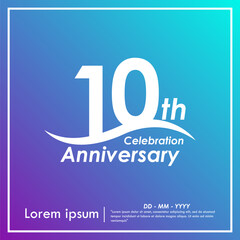 10th years anniversary celebration emblem. anniversary logo isolated with curve stroked - wave line on purple and blue gradient background. .vector illustration template design