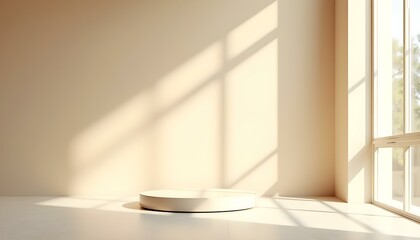 Fondo de podio beige claro para exhibición de productos en interior con luz solar y sombras en pared de concreto