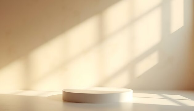 Fondo de podio beige claro para exhibici&oacute;n de productos en interior con luz solar y sombras en pared de concreto