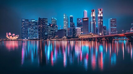 Fototapeta premium Night cityscape skyline reflection.