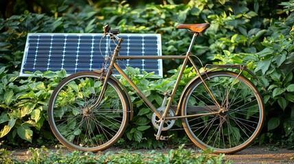 Bicycle Parked Next to Solar Panel Against a Bright Blue Sky with Lush Greenery Surrounding the Scene Creating an Eco-Friendly Atmosphere of Sustainability