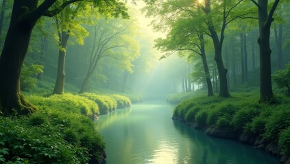 Obraz premium Serene River Flows Through Misty Green Forest