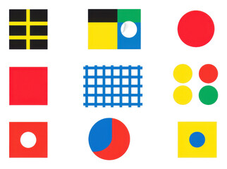 Colorful geometric shapes display modern art exhibit digital artwork indoor gallery eye-level view artistic expression