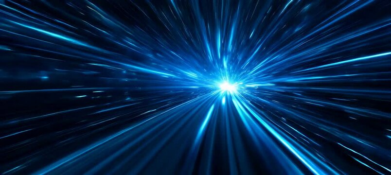 Blue glow light speed motion burst effect. Space warp time travel. Light fast teleport. Generative video AI technology.	
