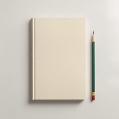 Blank hardcover notebook with a green pencil on a minimalistic background for stationery designs