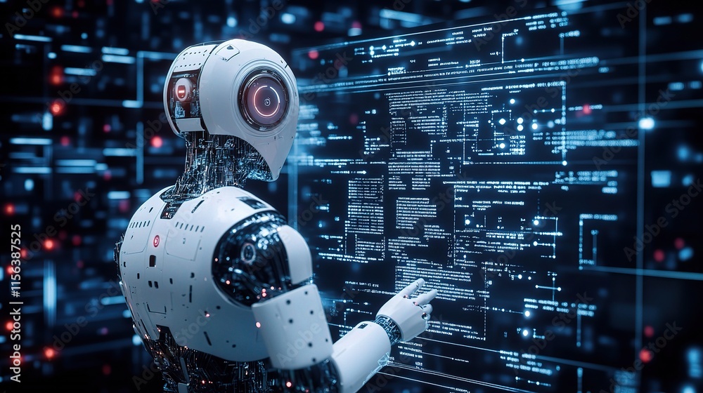 Poster modern artificial intelligence concept with robot interaction display