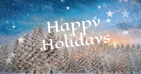 Image of stars falling over happy holiday text banner against winter landscape
