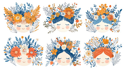 Obraz premium Whimsical floral illustrations of girls with flower crowns artistic design vibrant colors playful style