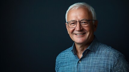 Obraz premium Confident Senior Man Smiling in Professional Portrait Against Dark Background