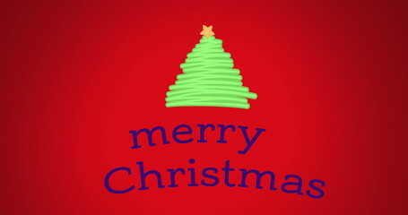 Image of star on tree drawing with merry christmas text against red background