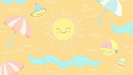 A light orange background features kawaii-style sun, waves, and beach umbrellas in pastel colors, creating a cute and lighthearted vacation vibe, perfect for summer-themed designs or cheerful graphics