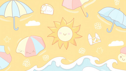 Naklejka premium A light orange background features kawaii-style sun, waves, and beach umbrellas in pastel colors, creating a cute and lighthearted vacation vibe, perfect for summer-themed designs or cheerful graphics