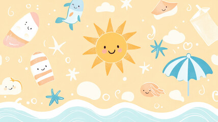 Naklejka premium A light orange background features kawaii-style sun, waves, and beach umbrellas in pastel colors, creating a cute and lighthearted vacation vibe, perfect for summer-themed designs or cheerful graphics