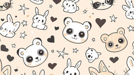 A light peach background features kawaii-style bears, bunnies, and raccoons with oversized eyes, surrounded by cute stars and hearts, creating a warm, cozy vibe perfect for adorable designs.
