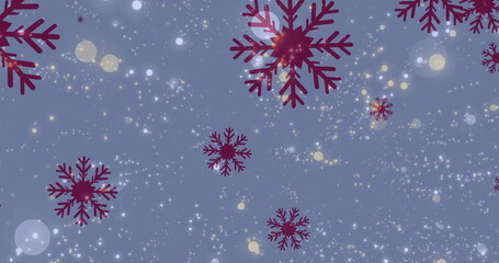 Image of snowflakes falling over blue background with lights, copy space