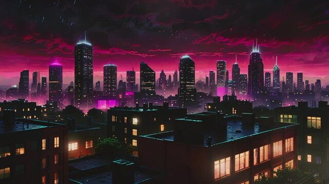 Urban landscape with towering buildings, seamless 4K virtual video animation background