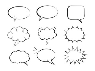 A collection of hand-drawn line art speech bubbles, perfect for adding dialogue to any project.