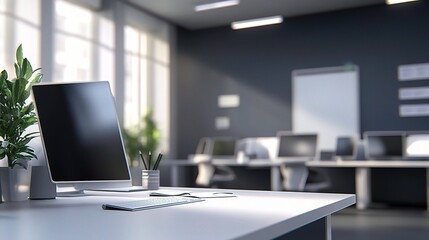 Sleek Modern Office Space with Blurred Background and Greenery