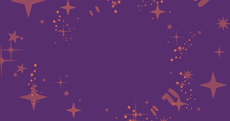 Fototapeta premium Image of stars and orange spots on purple background at christmas