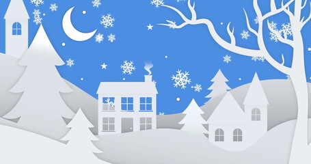 Snowflakes falling over multiple trees and house on winter landscape on blue background