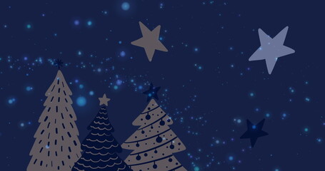 Fototapeta premium Image of snow falling over christmas trees and stars in winter scenery