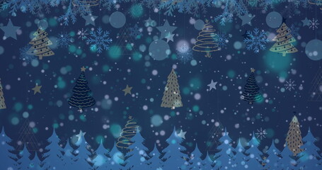 Fototapeta premium Image of snow falling over christmas trees and stars in winter scenery