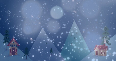 Image of snow falling over christmas trees in winter scenery