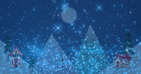 Fototapeta premium Image of snow falling over christmas trees and stars in winter scenery