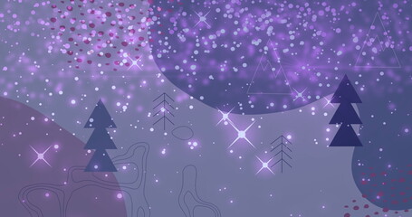 Fototapeta premium Image of snow falling over christmas trees and stars in winter scenery