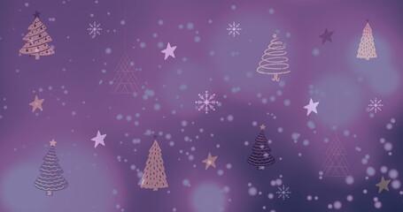 Fototapeta premium Image of snow falling over christmas trees and stars in winter scenery
