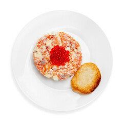 Salmon salad with red caviar, on a white background, isolated. Top view.