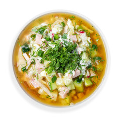 Okroshka - cold soup, on a white background, isolated. Top view.