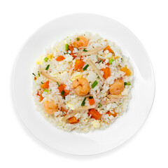 Rice with vegetables and shrimps, on a white background, isolated. Top view.