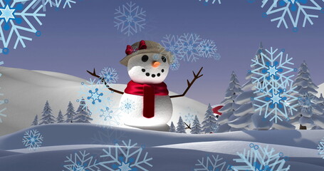 A digital image of a winter landscape with trees and snowmen against a black background