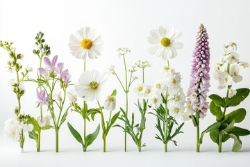 Obraz premium Array of delicate white and lilac flowers, stems upright against white backdrop. Perfect for spring, nature, or floral designs needing a soft, elegant feel.