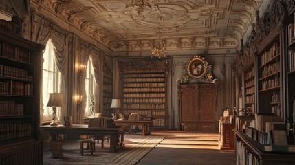 Obraz premium Grandiose Antique Library: A Sunlit Haven of Literature
