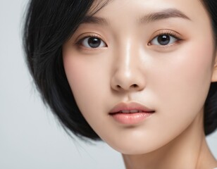 Naklejka premium Portrait of a beautiful young Asian woman with fresh clean skin and long thick black hair