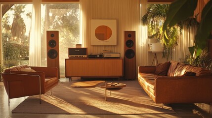 Mid-Century Modern Living Room with Stereo System and Warm Sunlight