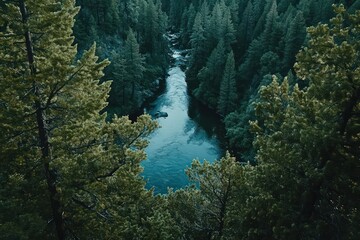 A serene landscape of the Merced River surrounded by lush green pine trees, with Bridalveil Fall cascading in the distance.