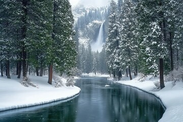 A serene landscape of the Merced River surrounded by lush green pine trees, with Bridalveil Fall cascading in the distance.