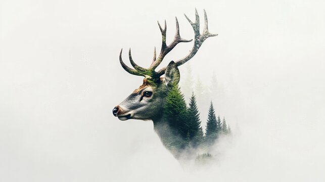Majestic deer double exposure with forest nature scene artistic photography calm environment