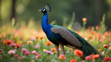 Obraz premium A majestic peacock stands amidst a sea of vibrant blossoms, its resplendent plumage unfurled, as it gazes off to the side with reg 