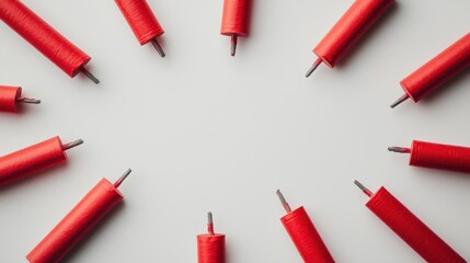 Flat Lay Composition of Several Red Firecrackers Arranged in a Circle on a Light Background