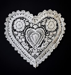 Vintage lace doily heart cut out on a bold black background, evoking timeless romance.