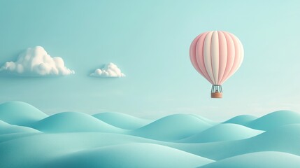 Fototapeta premium Miniature Hot Air Balloon Floating Over Simplistic Waves and Clouds in a Dreamlike 2D Landscape