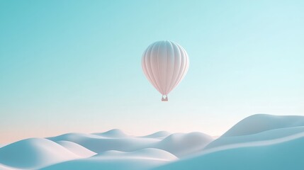 Obraz premium A Serene Miniature Hot Air Balloon Floating Above Dreamy Minimalistic White Hills