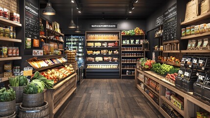 Fototapeta premium Modern grocery store interior with fresh produce and shelves stocked with various food items.